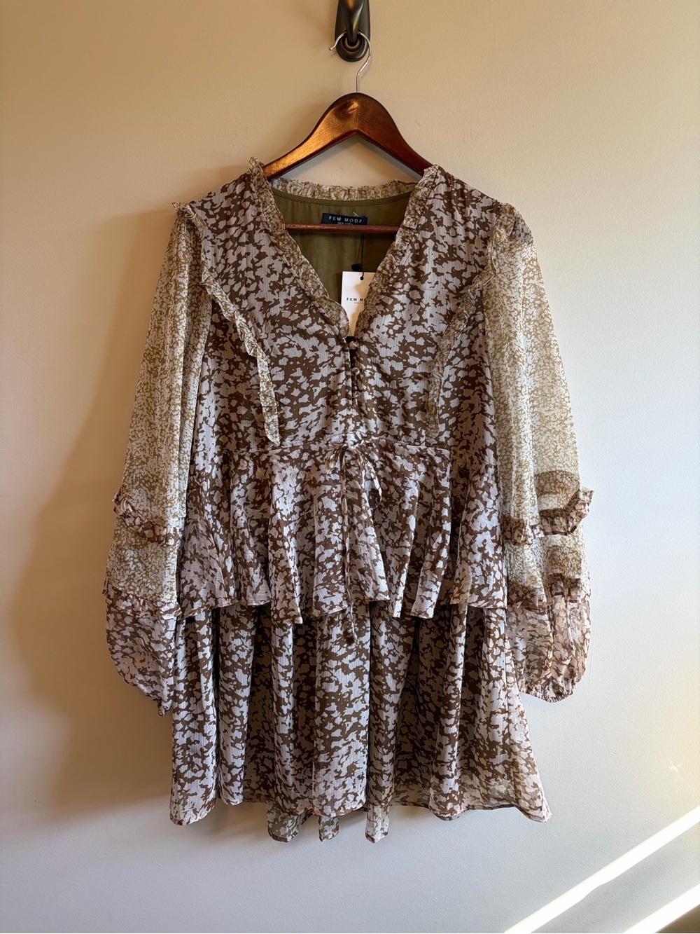 Floral Tiered Ruffle Mini Dress in Brown/Cream